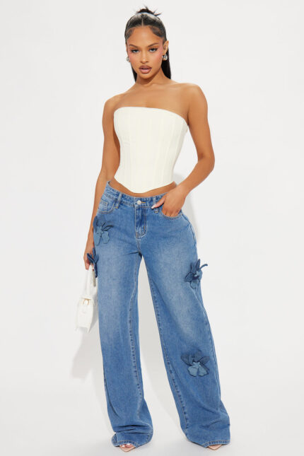 Tall Floria Baggy Flower Applique Jeans - Medium Wash