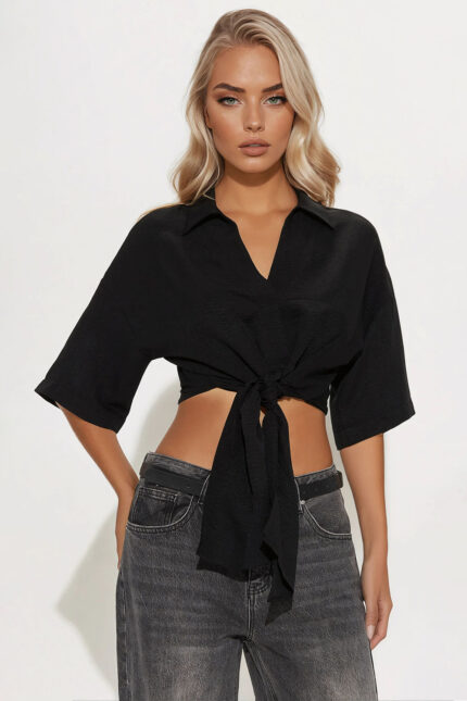 Coastal Vibe Tie Front Top - Black