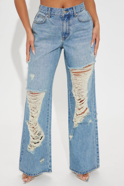 Melany Ripped Wide Leg Jeans - Medium Wash