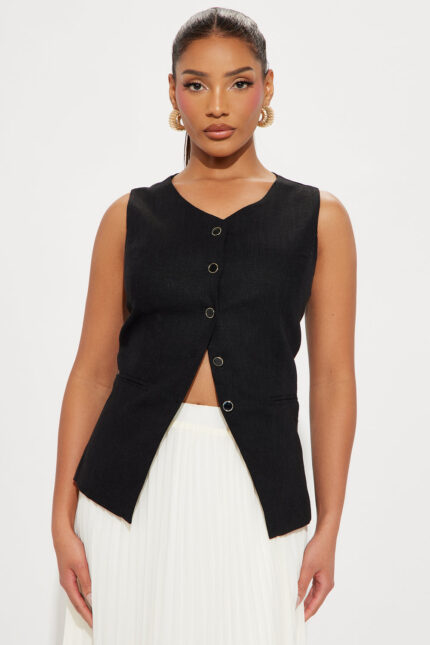 Take One Look Linen Vest Top - Black
