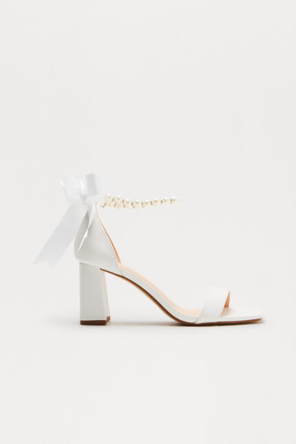 Ribbon Pearl Heeled Sandals - White