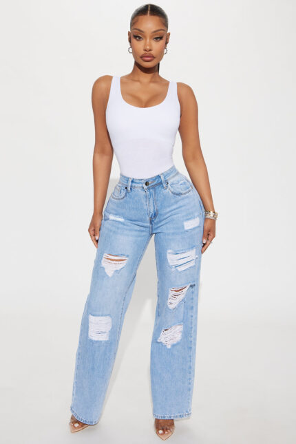 Livvy Stretch Ripped Straight Leg Jeans - Light Wash