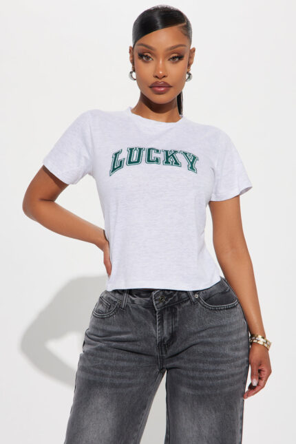 She's So Lucky Embroidered Tee - Heather Grey