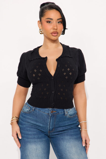 Flirty Pointelle Cardigan Sweater - Black