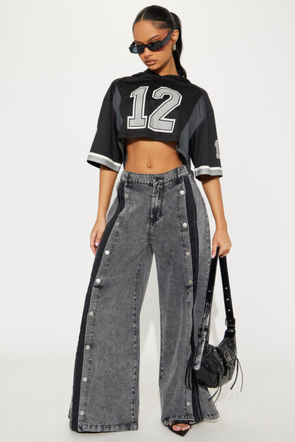 Paulette Non Stretch Snap Wide Leg Jeans - Black Wash