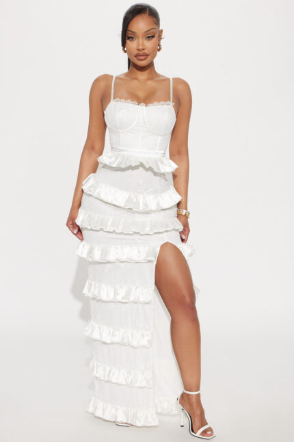 Helena Tiered Satin Lace Maxi Dress - White