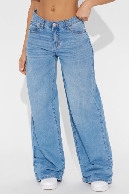 Time To Move On Tacked Baggy Jeans - Medium Wash
