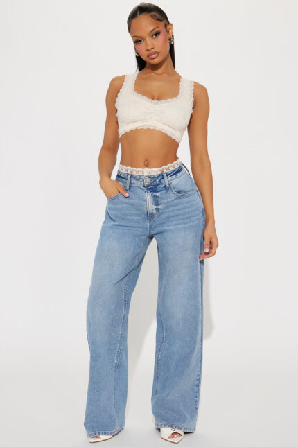 Stuck In My Head Stretch Lace Trim Baggy Jeans - Medium Wash
