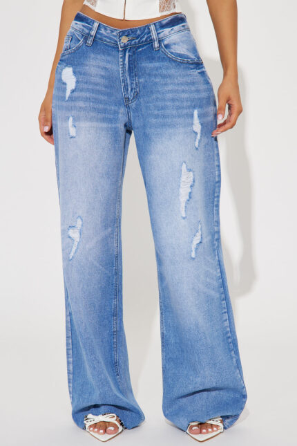 Fine Line Non Stretch Ripped Straight Leg Jeans - Medium Wash
