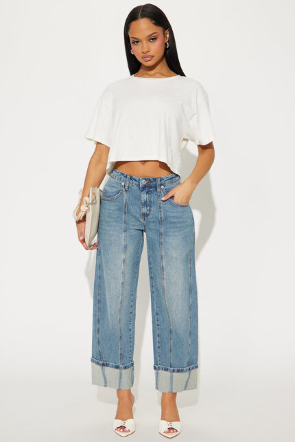 Pheonix Relaxed Cuffed Barrel Leg Jeans - Medium Wash