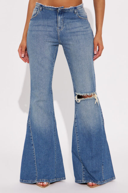 Korinna Stretch Cut Off Waistband Flare Jeans - Medium Wash