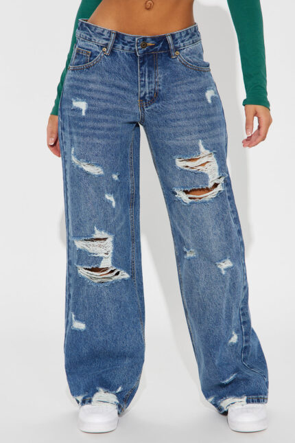 Kameryn Low Rise Destructed Wide Leg Jeans - Dark Wash