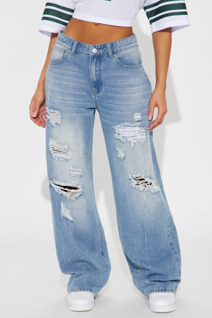 Jeanna Non Stretch Destructed Wide Leg Jeans - Light Wash
