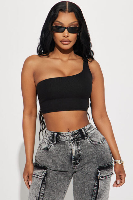 Last Call One Shoulder Crop Top - Black