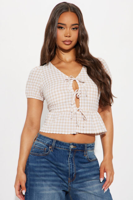 Tamica Gingham Puff Sleeve Top - Tan