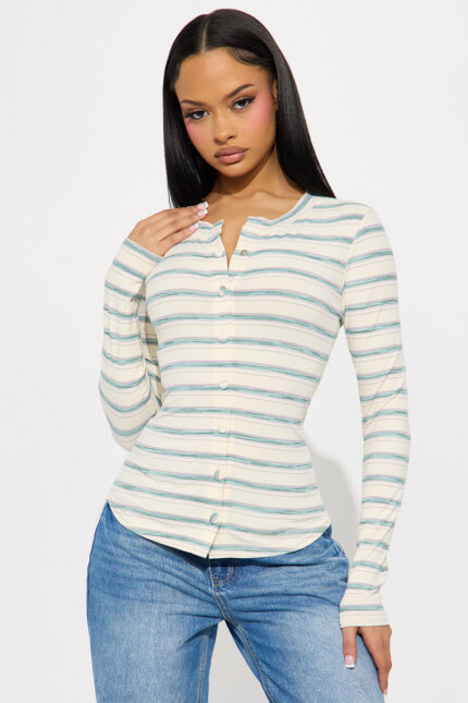 Sara Striped Button Front Top - Cream/combo
