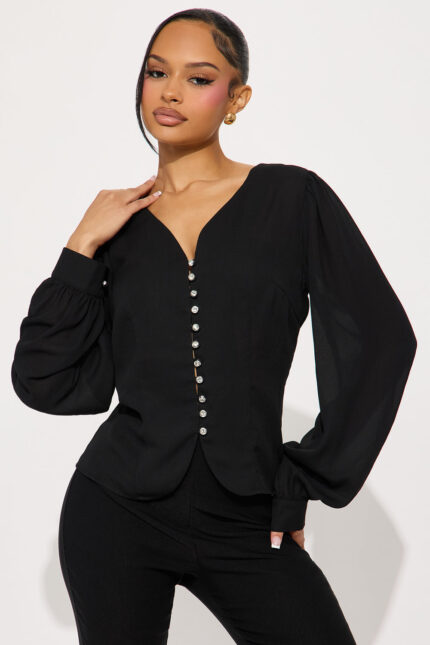 Roselia Rhinestone Blouse - Black