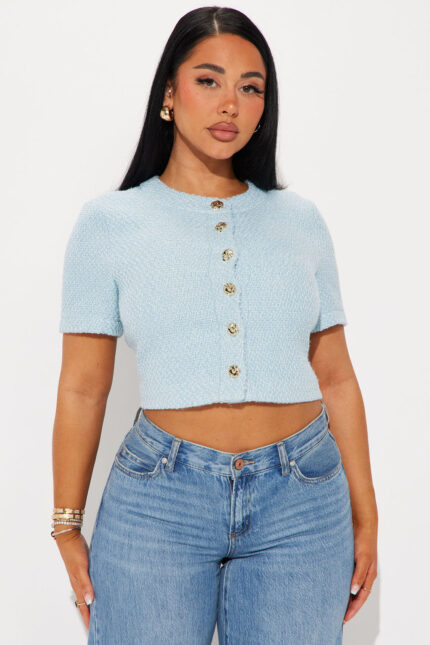 Social Season Tweed Top - Light Blue