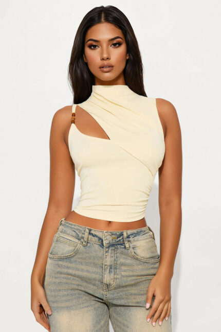 Ilona Mock Neck Cut Out Top - Cream