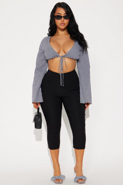 Khari Gingham Tie Front Top - Black/White