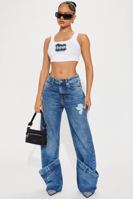 Calling It A Day Cuffed Straight Leg Jeans - Medium Wash