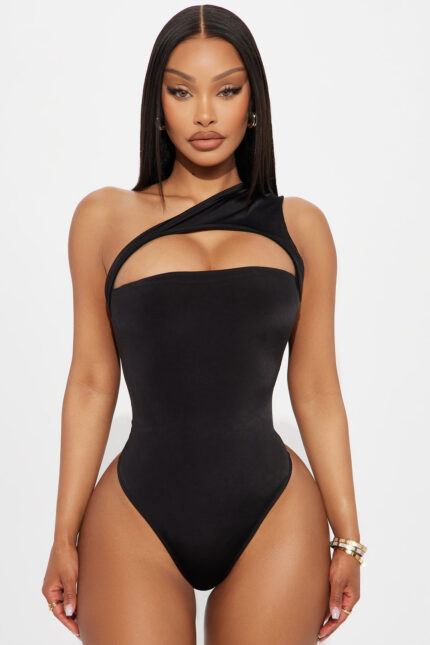 Spring Fever One Shoulder Cut Out Bodysuit - Black