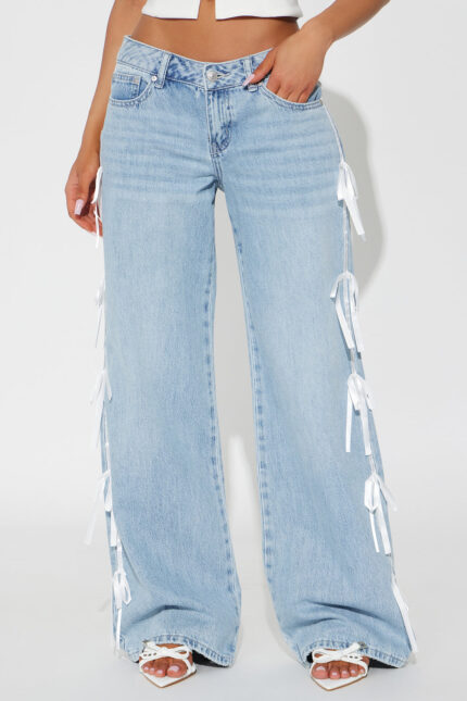 Rasine Non Stretch Bow Wide Leg Jeans - Medium Wash