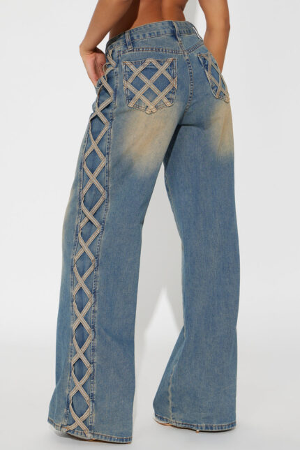 Lace Me Up High Rise Wide Leg Jeans - Vintage Wash