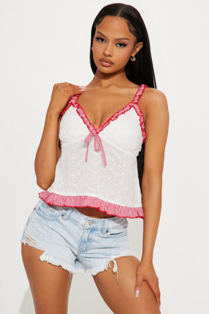 Feeling Flirty Eyelet Baby Doll Top - Red/combo