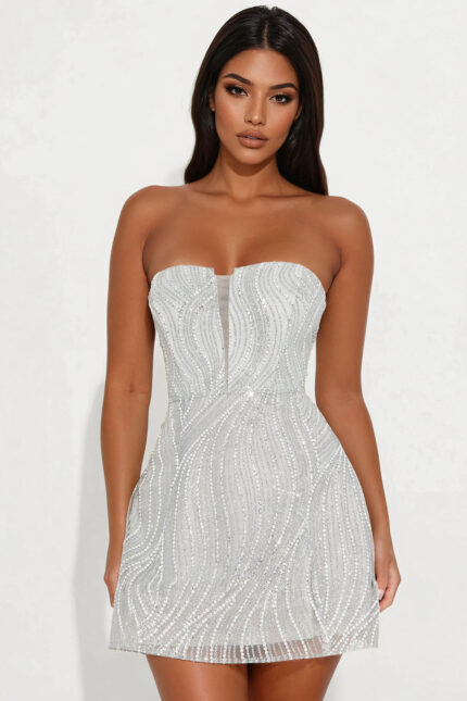 Glitz and Sequin Glitter Mini Dress - Silver