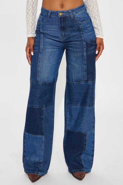 Thrilled To Pieces Wide Leg Patchwork Jeans - Medium Wash