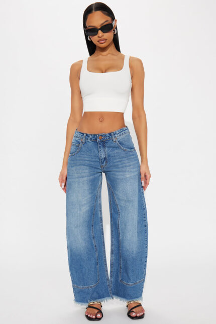 Kalinda Raw Hem Barrel Leg Jeans - Dark Wash