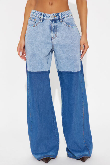 Right Bank Two Tone Wide Leg Jeans - Medium Wash