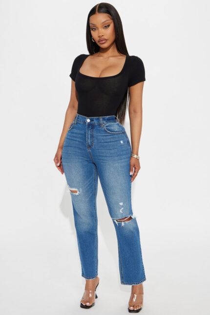 Crowd Pleaser Ripped Ankle Slim Straight Jeans - Medium Wash
