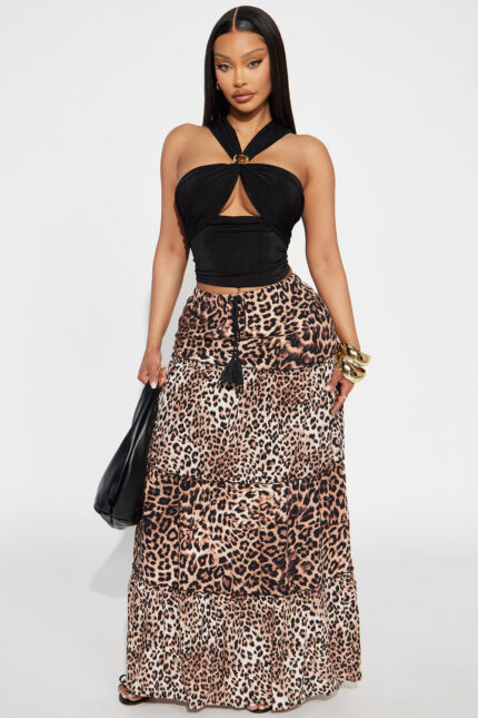 Analissa Leopard Tiered Maxi Skirt - Brown/combo