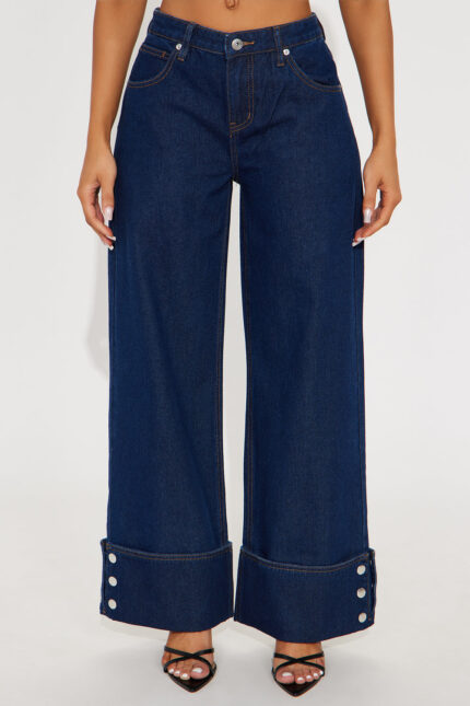 Rhythmically Cuffed Wide Leg Jeans - Dark Wash