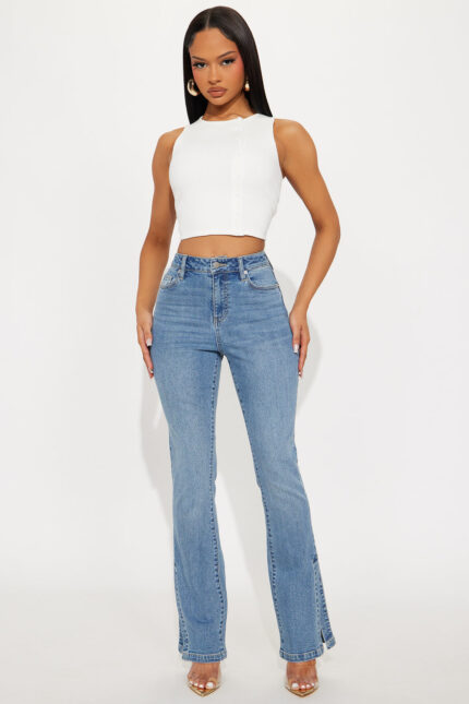 Riley Split Hem Stretch Flare Jeans - Medium Wash