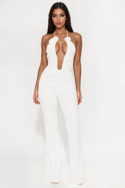 Lucia Floral Applique Mesh Jumpsuit - White