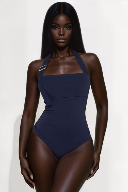 In The Mix Halter Ponte Bodysuit - Navy