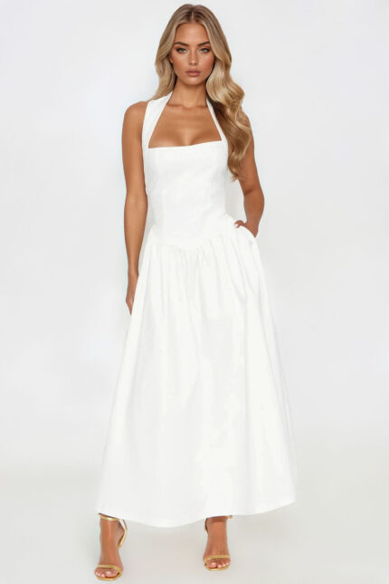 Gabrielle Drop Waist Halter Maxi Dress - White