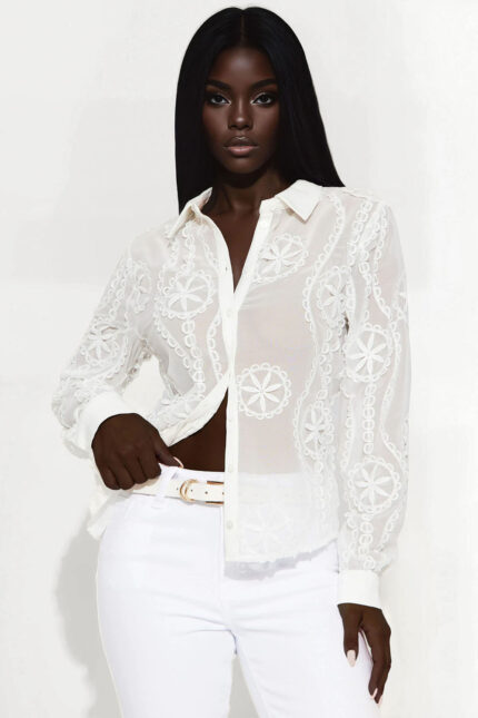 Brunch Lady Floral Embroidery Chiffon Shirt - White