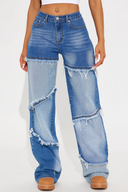 La Vie Two Tone Wide Leg Jeans - Medium Wash