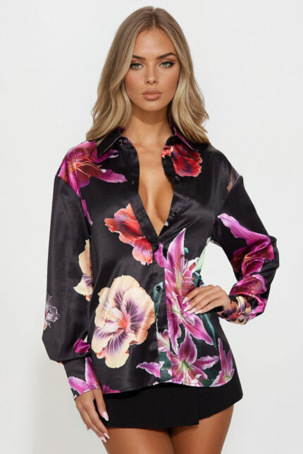 Lily Love Satin Shirt - Black/Pink