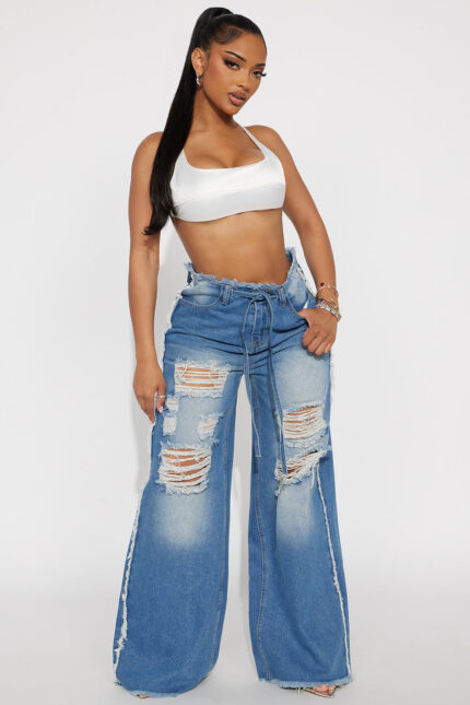 Nellie Ripped Wide Leg Jeans - Medium Blue Wash