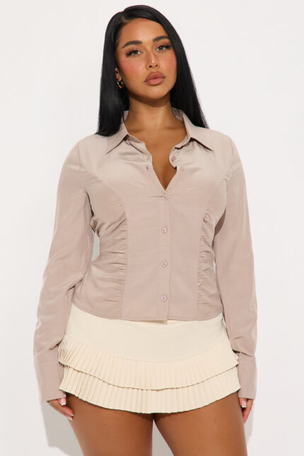 Stay Busy Ruched Challis Shirt - Taupe