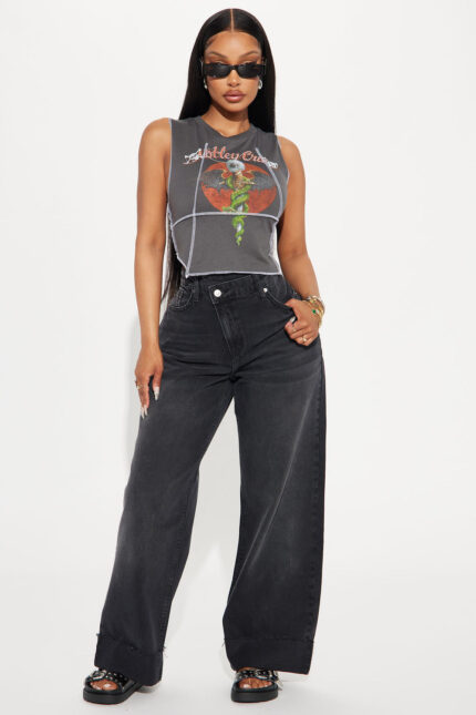 Getting Caught In It Crossover Cuffed Wide Leg Jeans - Black Wash