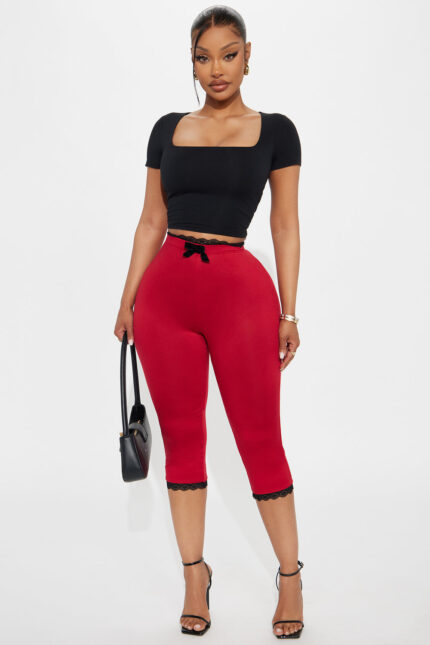 Valentina Solid Lace Trim Capri Legging - Red
