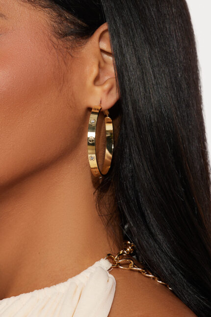 Loving Love Rhinestone Hoop Earrings - Gold