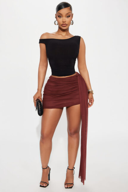 Valentina Ruched Mesh Micro Mini Skirt - Chestnut
