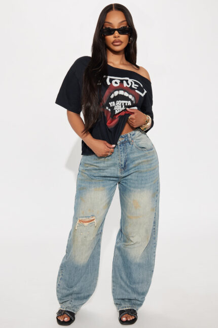 Down And Dirty Ripped Barrel Leg Jeans - Vintage Wash
